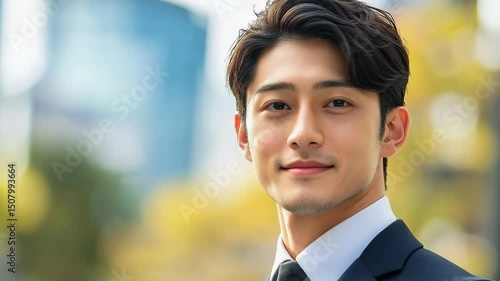 A man in a suit and tie is smiling for the camera. He looks confident and professional. The image is set in a city with tall buildings in the background.