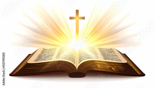 Radiant Cross Stylized Vector of Open Bible with Light Rays