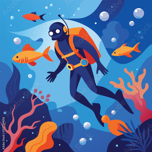 Scuba diver exploring the ocean depths swimming alongside orange fish and bubbles