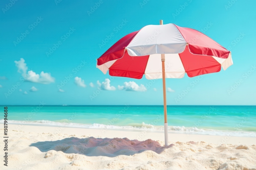 Red and white striped beach umbrella cutout, vibrant summer symbol, pattern, fun Red and white striped beach umbrella cutout, vibrant summer symbol, pattern, fun