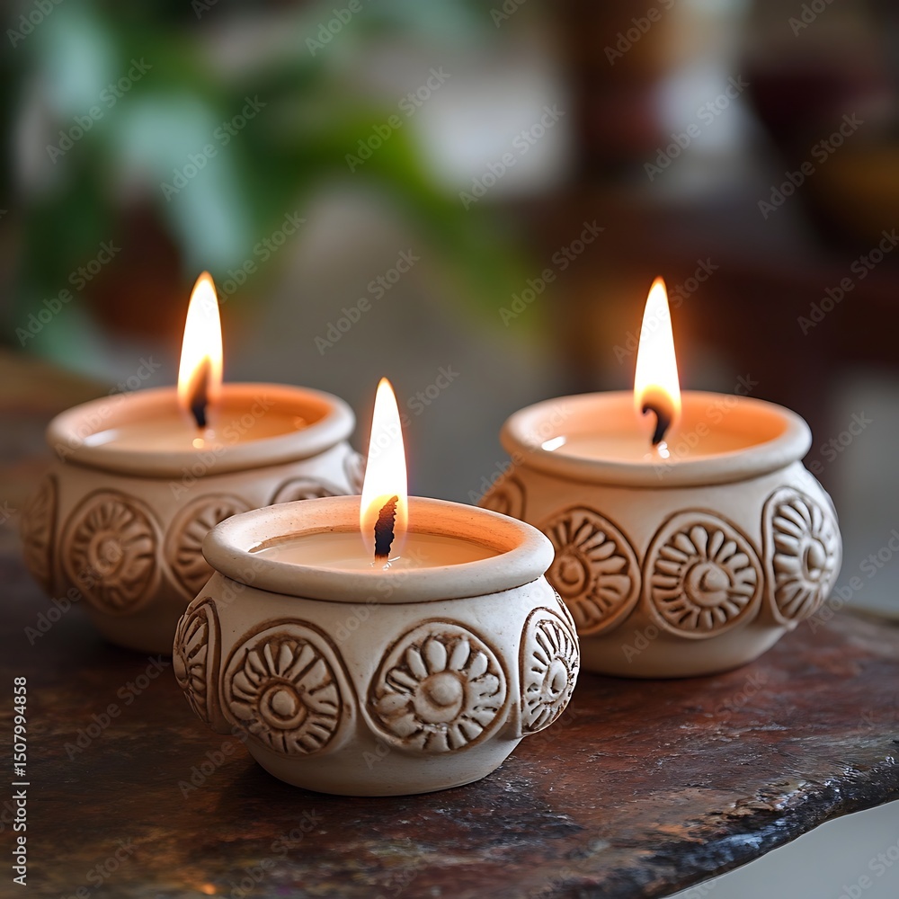 Three small, intricately decorated candles in ceramic containers. Three small, intricately decorated candles in ceramic containers.