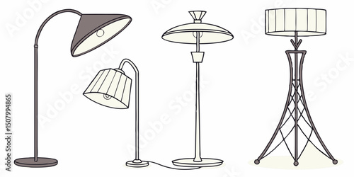 Interior lamps. Modern item for area illumination in home rooms light for floor and roof decent vector realistic pictures set
