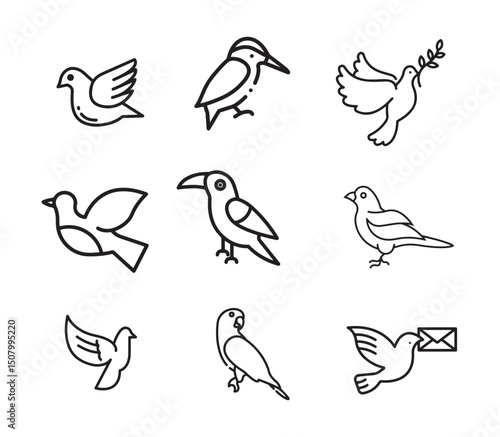 Nine bird outlines diverse species poses one with olive branch another with envelope