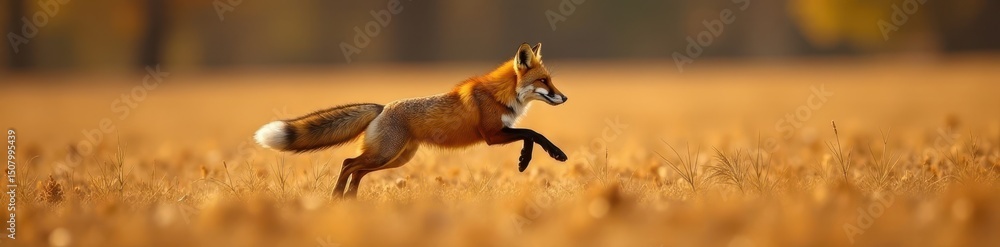 Obraz premium Striking red fox leaps across harvested field Stunning coat, long tail, active hunt , outdoor, picture