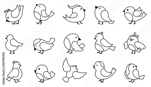 Outlined bird icons are displayed in a gridded arrangement showcasing diverse feather patterns