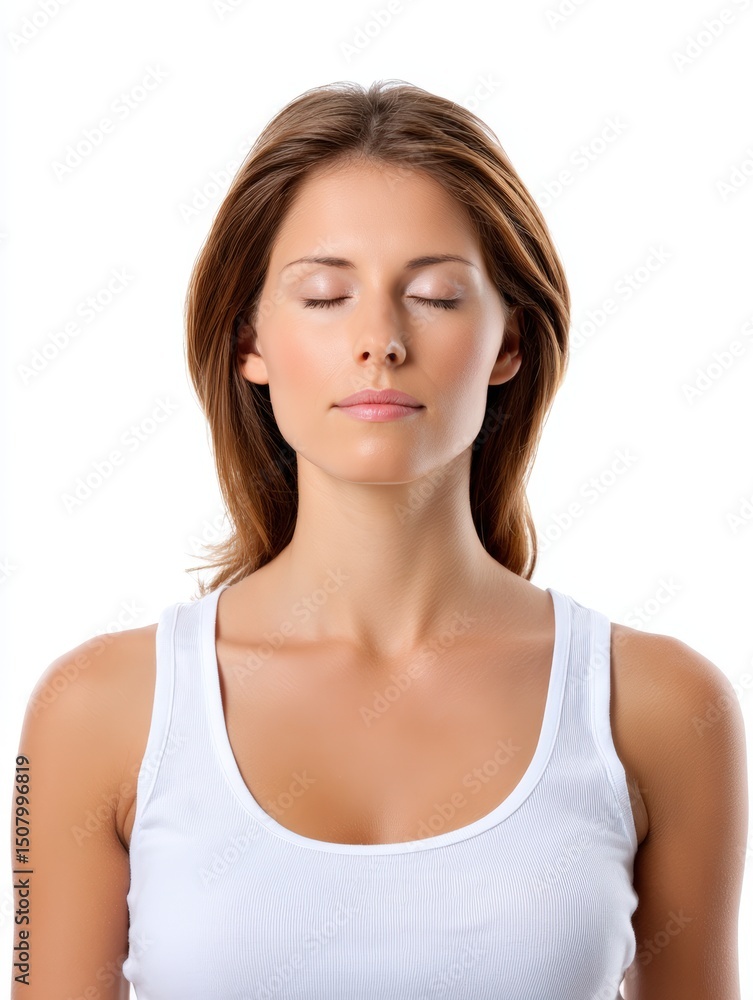A woman with her eyes closed and lips pressed together, medium closeup, isolate on white background A woman with her eyes closed and lips pressed together, medium closeup, isolate on white background