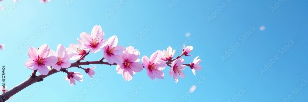 Fototapeta premium A single, graceful cherry blossom branch stretches towards a clear azure sky , pastel, botanical, beautiful