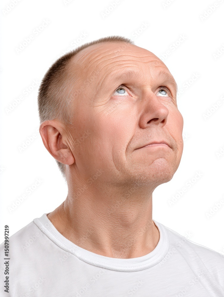 Obraz premium A man looking off-camera with a wistful expression, medium closeup, isolate on white background