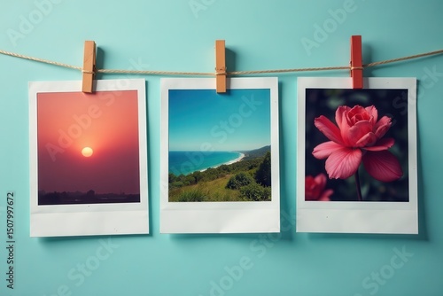 Close-up of three pinned polaroids; varied angles, illustration, object, film