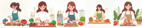 collection of vectors of women cutting tomatoes