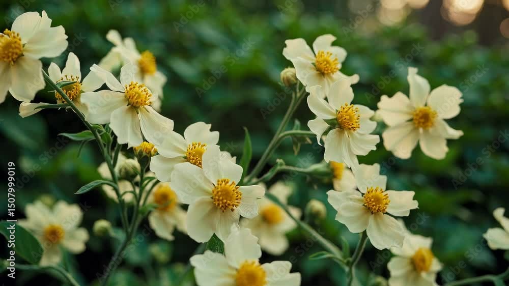 Blooming yellow flowers swaying in gentle breeze at sunrise nature serenity Blooming yellow flowers swaying in gentle breeze at sunrise nature serenity