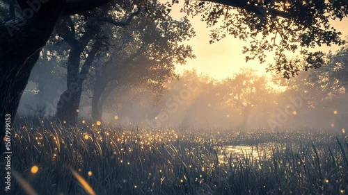 Misty forest meadow at dawn, glowing fireflies