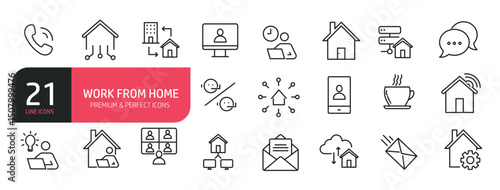 Set of line icons related to freelance, collaboration, remote work, home WiFi. Outline icons collection. Editable stroke. Vector illustration.