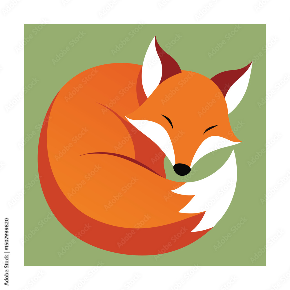 Fototapeta premium Adorable cartoon illustration of a curled up sleeping fox against a green backdrop for design.
