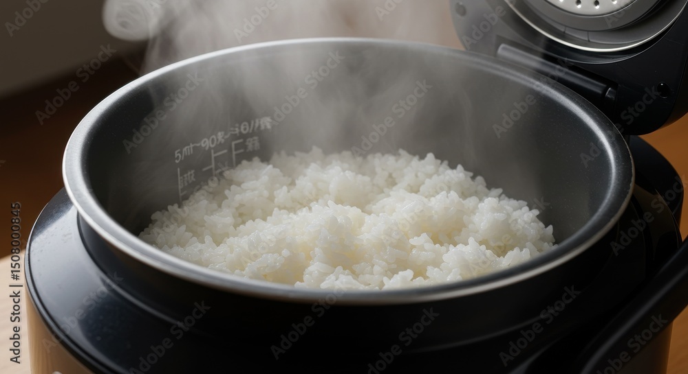 炊飯器で炊きたてのご飯、湯気とともに食欲をそそる風景 炊飯器で炊きたてのご飯、湯気とともに食欲をそそる風景