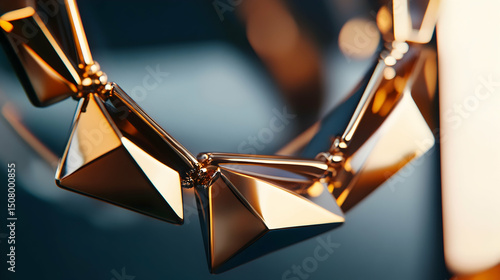 Close-up of a modern rose gold necklace with geometric, pyramidal shapes. The luxurious piece reflects light, showcasing its intricate design and polished finish.