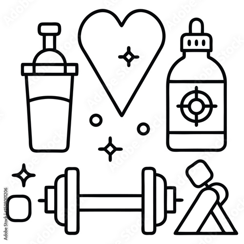 Dumbbells, shaker and other sport equipment. Outline icons set for web design isolated on white background