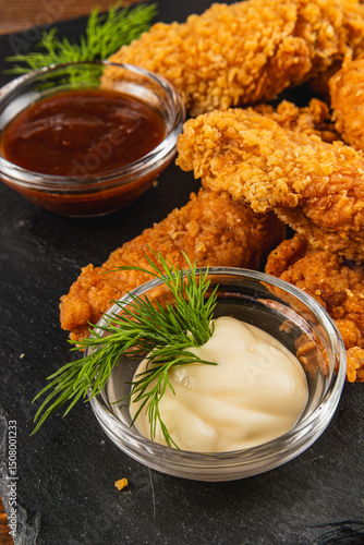 Delicious fried chicken served with two flavorful dips