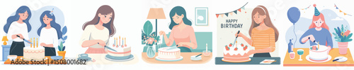 vector woman cutting birthday cake