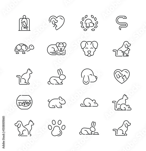 Black outline icons of assorted pets birds dogs rabbits snakes turtles cats fish hamsters guinea pigs mice and paw print