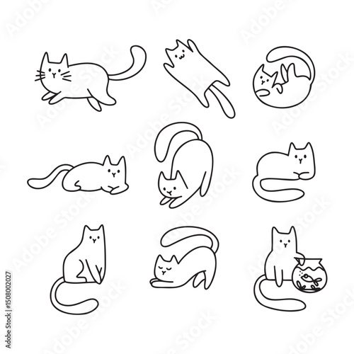 Cartoon cat doodles nine black line drawings of cats in various poses on a white background