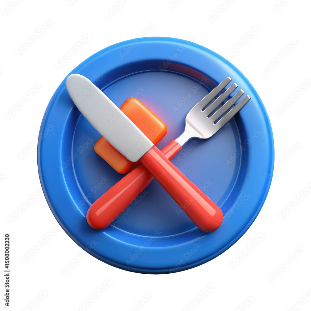Fototapeta premium Fork and Knife with Red Handles Crossed on Blue Plate 3d icon in cartoon plastic style minimal isolated on transparent white background, clipping path