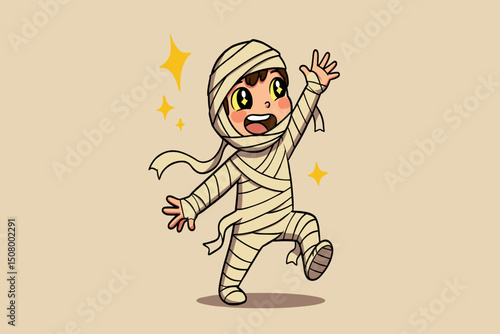 A happy child in a mummy costume waving with unraveling bandages, full of energy.