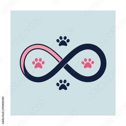 Infinity symbol intertwined with pink and navy blue paw prints representing pet love forever