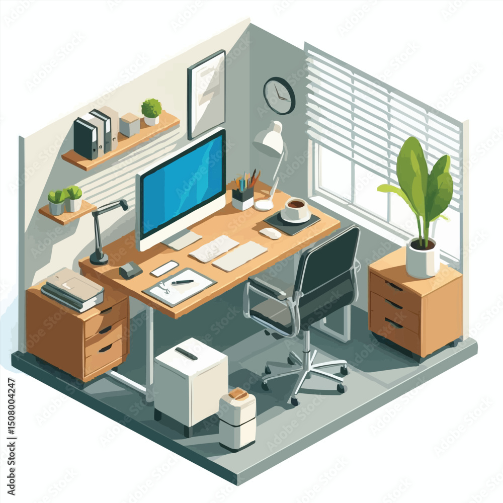 Isometric Office Setup – Desk, Computer, Chair, Plant & Coffee Cup in Vector Style