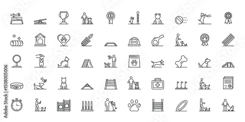 Collection of line art icons depicting various dog training activities and equipment
