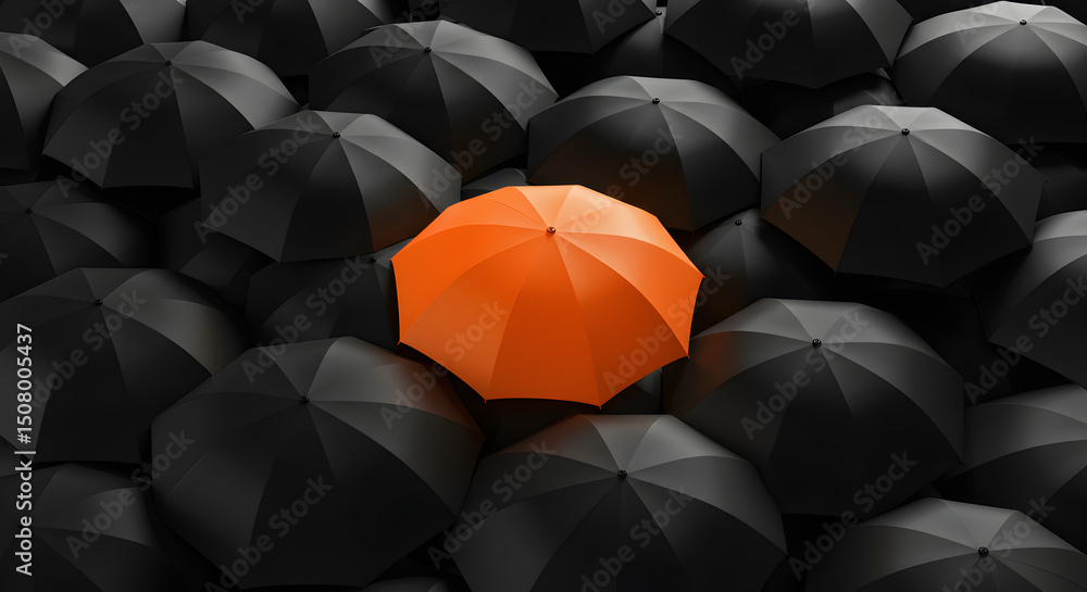 Obraz premium Vibrant Orange Umbrella Amidst Collection of Black Umbrellas Showcasing Individuality Concept