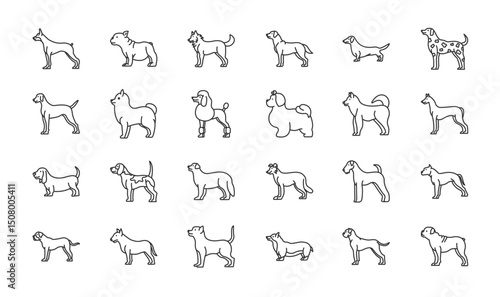 Line art portrays various dog breeds each illustrated in a minimalist style arranged neatly against a blank background