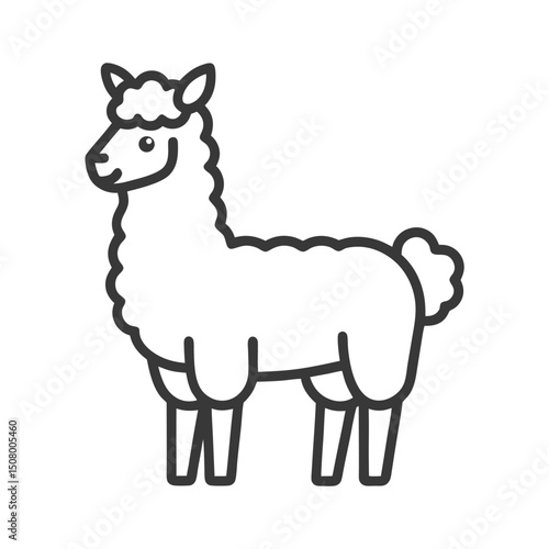 Simple outline illustration of a cute and friendly llama with soft fur in monochrome style