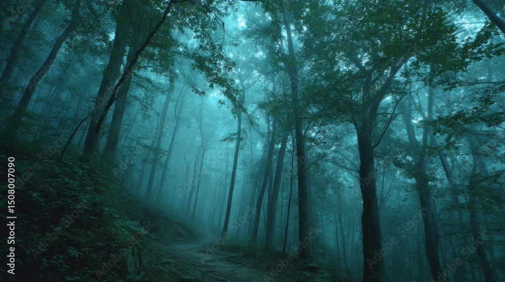 Fototapeta premium Ethereal Forest Path Misty Woods with a Sense of Mystery and Wonder