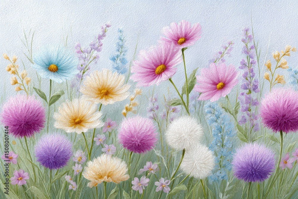 Fototapeta premium Pastel Flower Meadow Cosmos, Alliums and Delphiniums in Soft Light