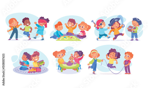 Joyful and spirited children joyfully engaging in various fun activities together as friends