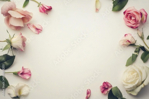 A flat lay of pink and white roses and green leaves arranged around a blank white space background