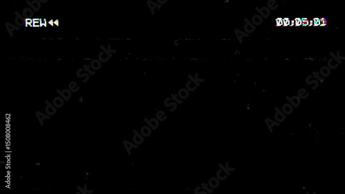 VHS video tape rewind screen on black background. 4K Video