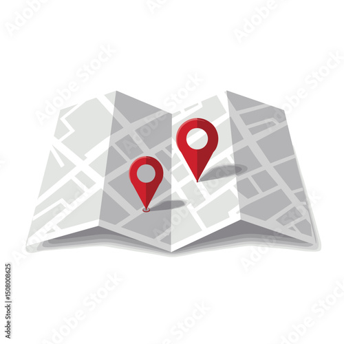 Folded Map with Red Location Pins Indicating Destinations, Vector Illustration for Navigation and Travel Planning