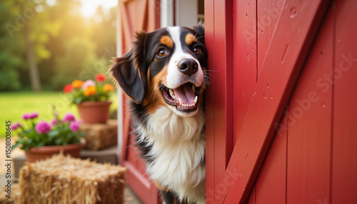 Happy dog peeking out from a red barn door in a sunny garden  