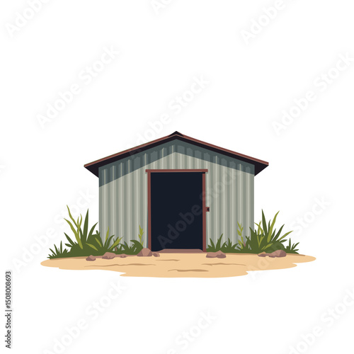 Illustration of a Simple Corrugated Metal Shed with Grass and Sandy Ground, Vector Graphic