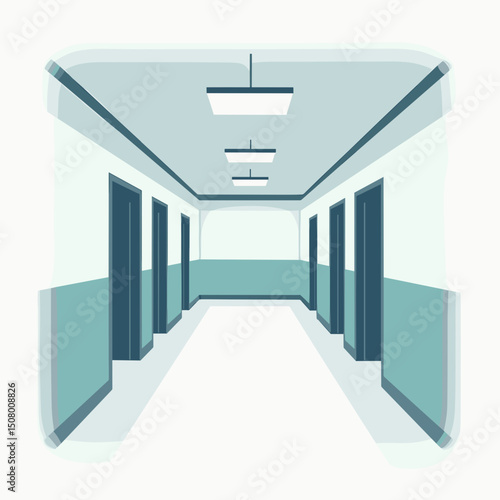 Illustration of a Long Empty School or Office Hallway with Closed Doors and Ceiling Lights