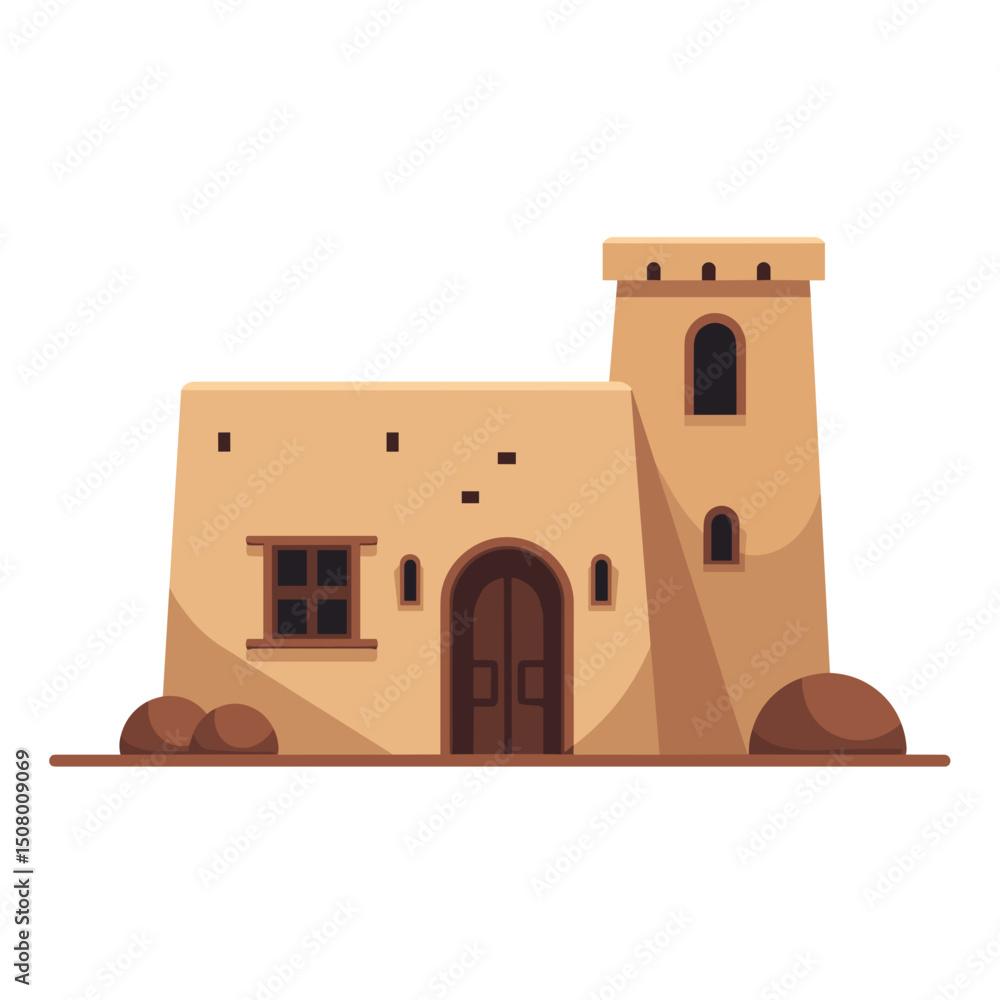Cartoon Adobe Building with Tower and Arched Doorway, Flat Design Illustration of Desert Architecture Cartoon Adobe Building with Tower and Arched Doorway, Flat Design Illustration of Desert Architecture