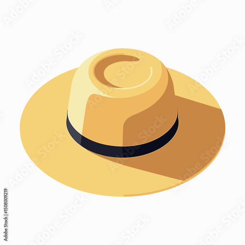 Illustration of a Wide Brimmed Straw Hat with Black Band, Summer Fashion Accessory