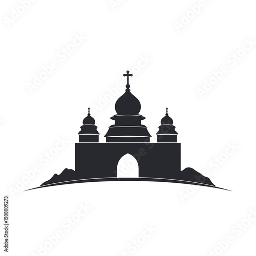 Silhouette of an Orthodox Church with Domes and a Cross on Top, Isolated on White Background