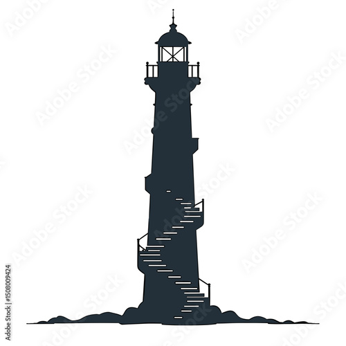 Silhouette of a Lighthouse with Spiral Staircase on a Rocky Outcrop, Nautical Navigation Aid