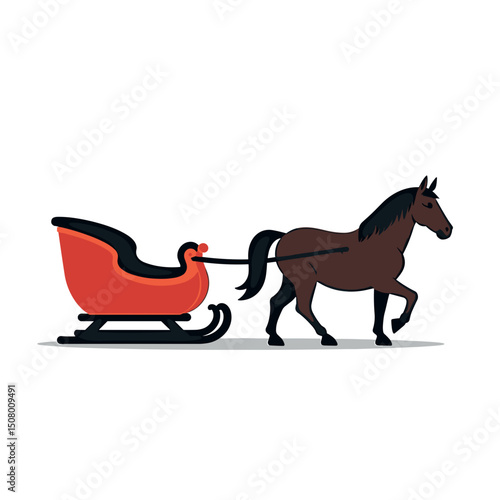 Illustration of a Horse Pulling a Red Sleigh on a White Background, Winter Transport