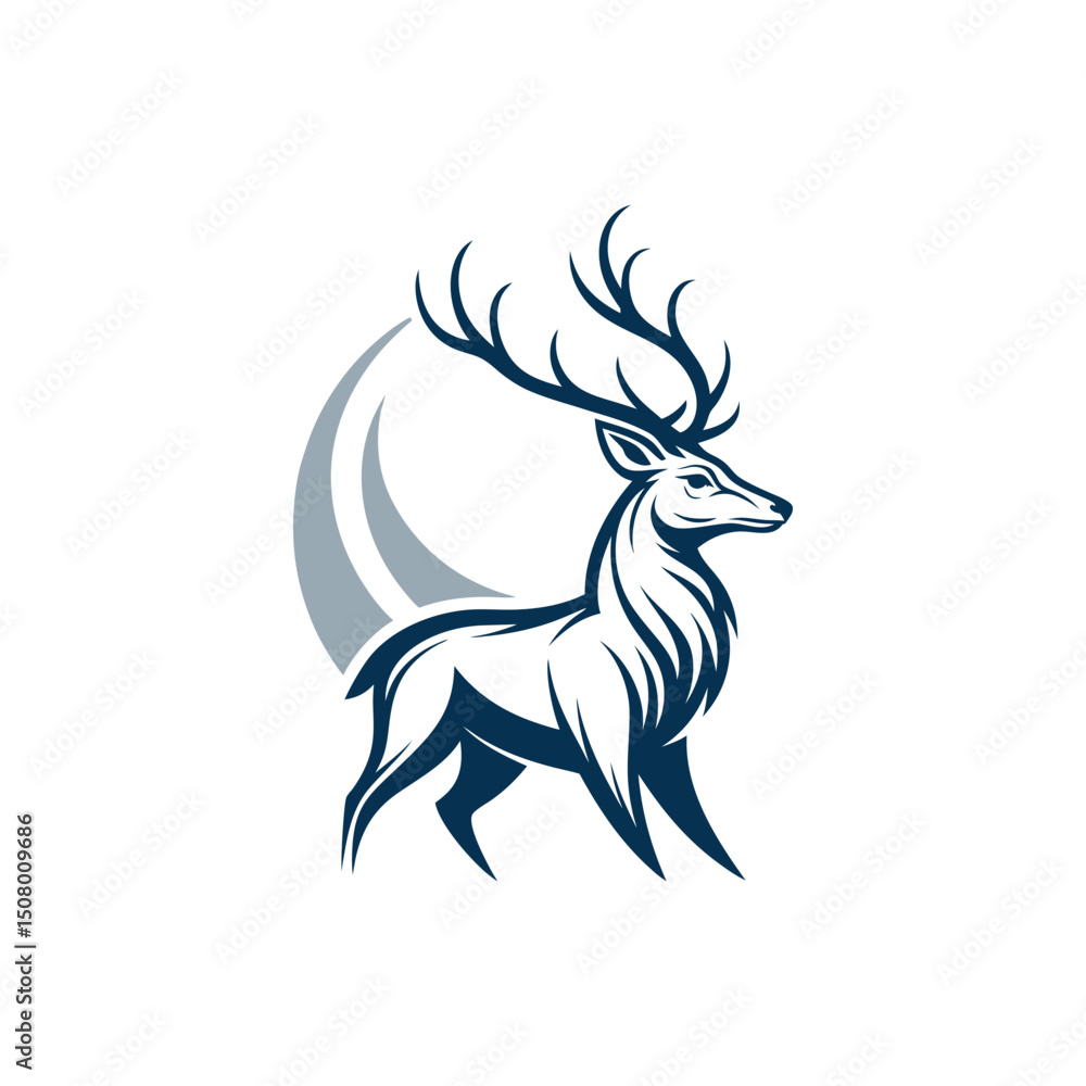 Fototapeta premium A minimalist deer iconic logo design Black and white illustration, deer head silhouette, majestic antlers, minimalist design, elegant profile, stylized wildlife art, sharp contrast, vector graphic