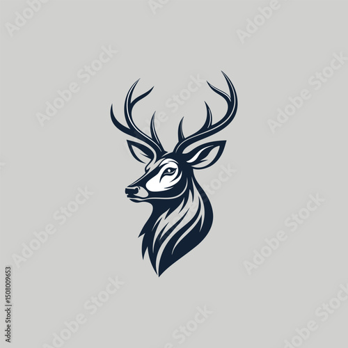 A minimalist deer iconic logo design Black and white illustration, deer head silhouette, majestic antlers, minimalist design, elegant profile, stylized wildlife art, sharp contrast, vector graphic