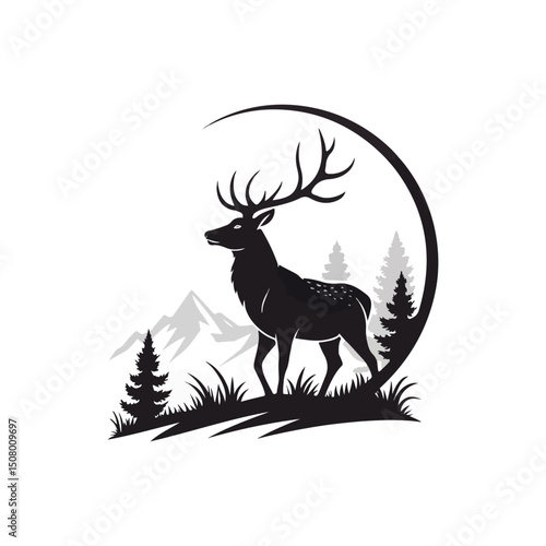 A minimalist deer iconic logo design Black and white illustration, deer head silhouette, majestic antlers, minimalist design, elegant profile, stylized wildlife art, sharp contrast, vector graphic